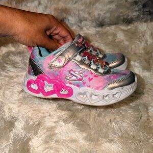 Skechers Pink Silver Blue Heart Light-Up Sneakers for Kids